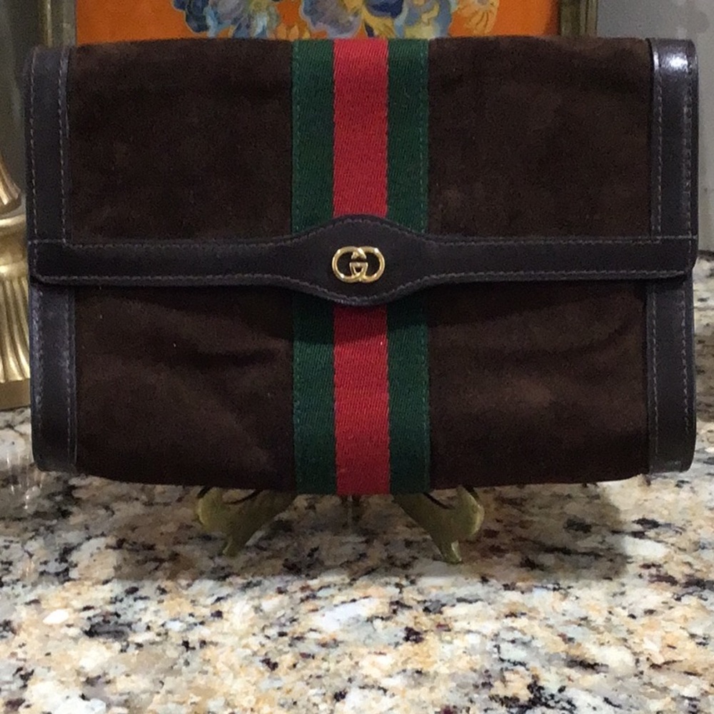 Gucci Vintage Brown Suede Web Flap Clutch Handbag